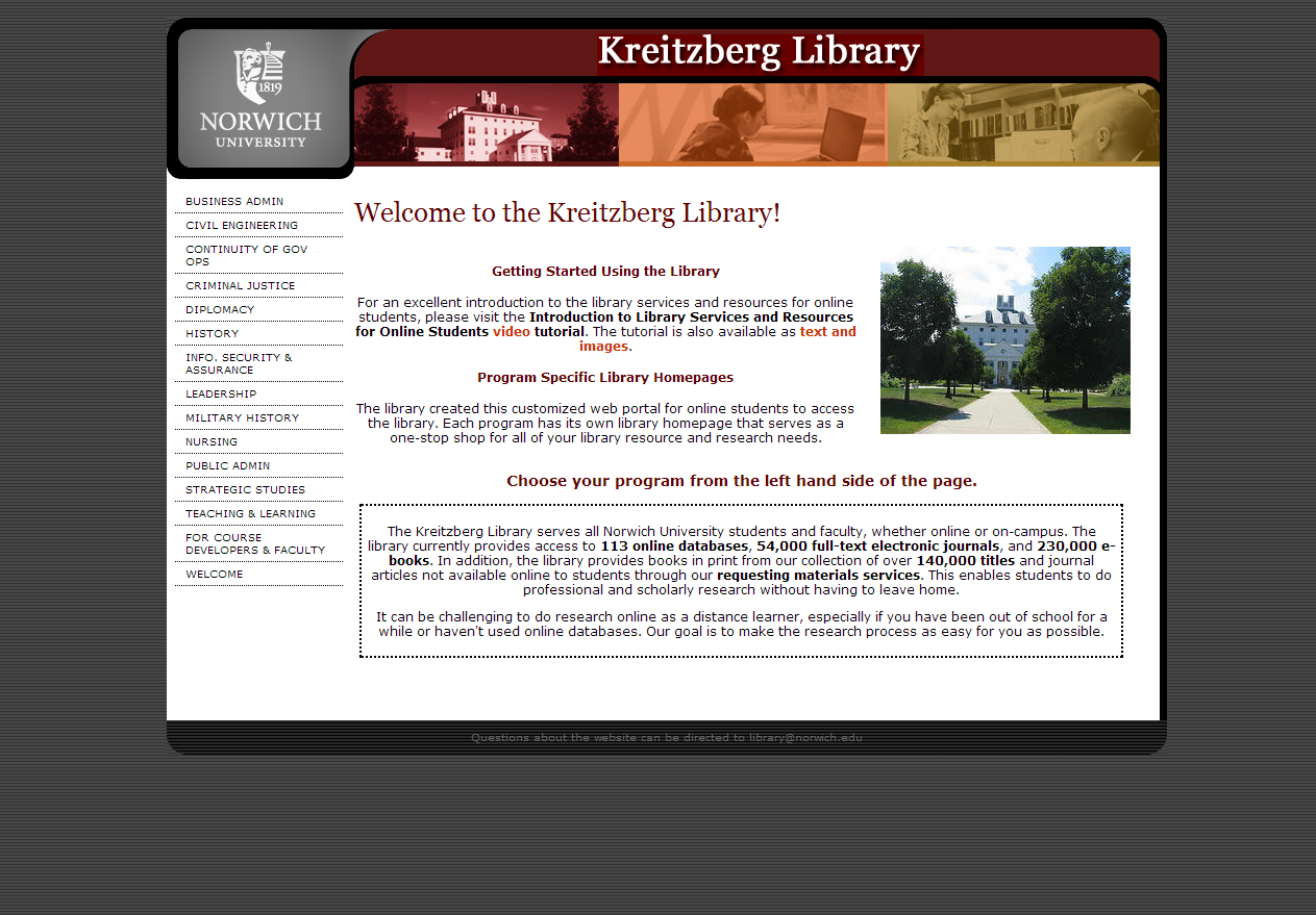 Kreitzberg Library web portal front page for online learners.