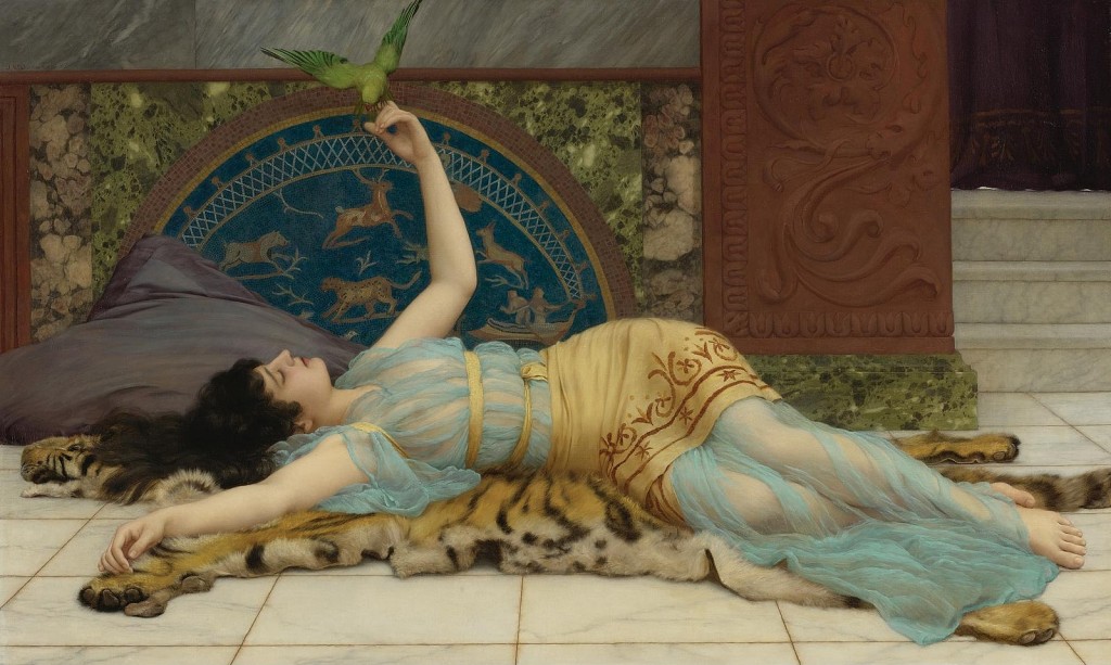 Painting of an idle woman entitled Dolce far niente by John William Godward