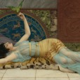 Painting of an idle woman entitled Dolce far niente by John William Godward