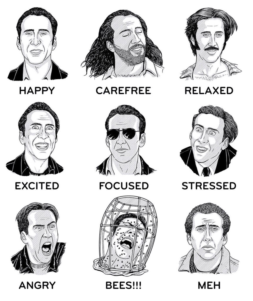 Nic Cage gauge is images of Nicolas Cage from various movies with feelings words under each. 