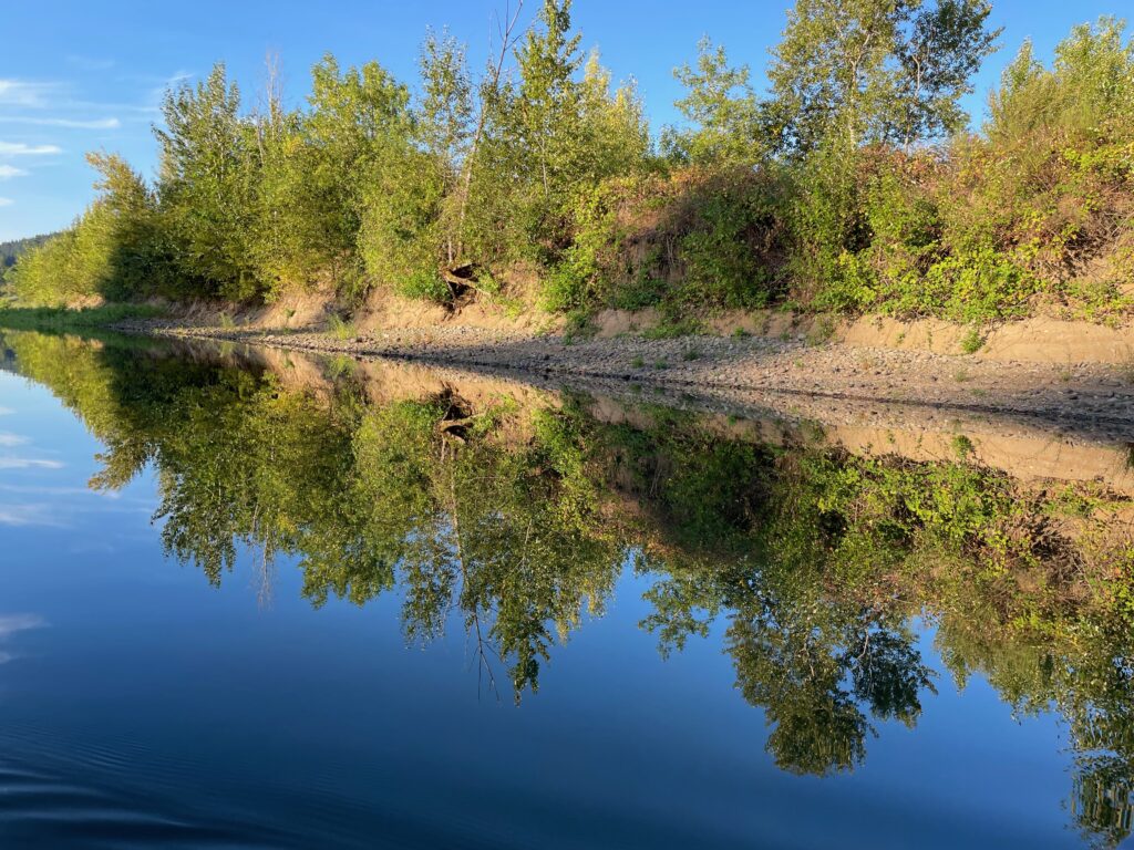 Image of an island covered in trees and a river so calm you can see a perfect reflection of the island in the water