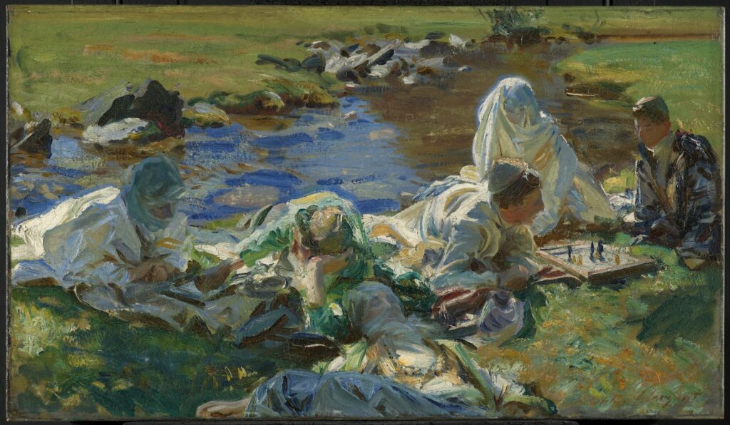 Impressionist painting of four people in flowing clothes resting on the bank of a river