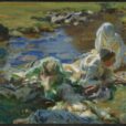 Impressionist painting of four people in flowing clothes resting on the bank of a river