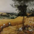 Painting of three workers harvesting wheat and others lying or sitting down and eating