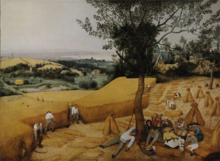 Painting of three workers harvesting wheat and others lying or sitting down and eating