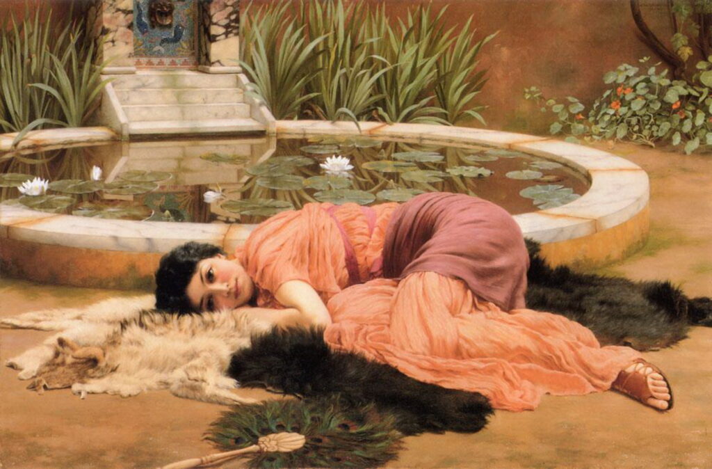 Dolce Far Niente painting, woman in a dress lying outside on a bed of animal skins