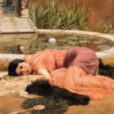 Dolce Far Niente painting, woman in a dress lying outside on a bed of animal skins