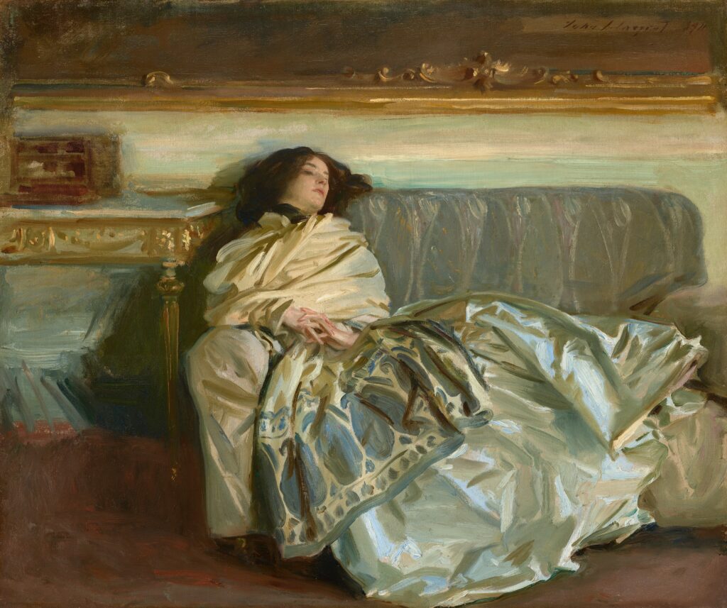Painting of a dark-haired woman in a big 19th century dress reclined on a sofa