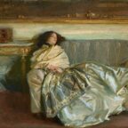 Painting of a dark-haired woman in a big 19th century dress reclined on a sofa