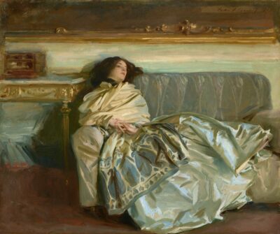 Painting of a dark-haired woman in a big 19th century dress reclined on a sofa